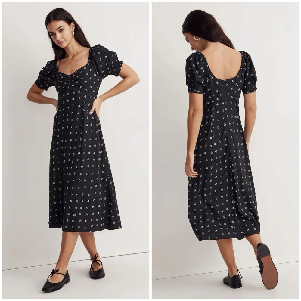 Madewell Black Midi Dress with White Dot Motif